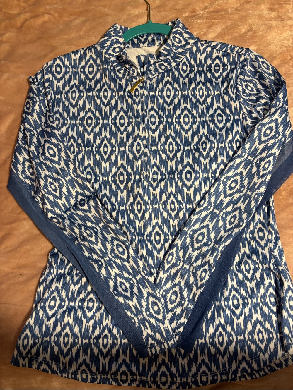 Blue Ikat-Pattern Long-Sleeve Tee with Stand Collar